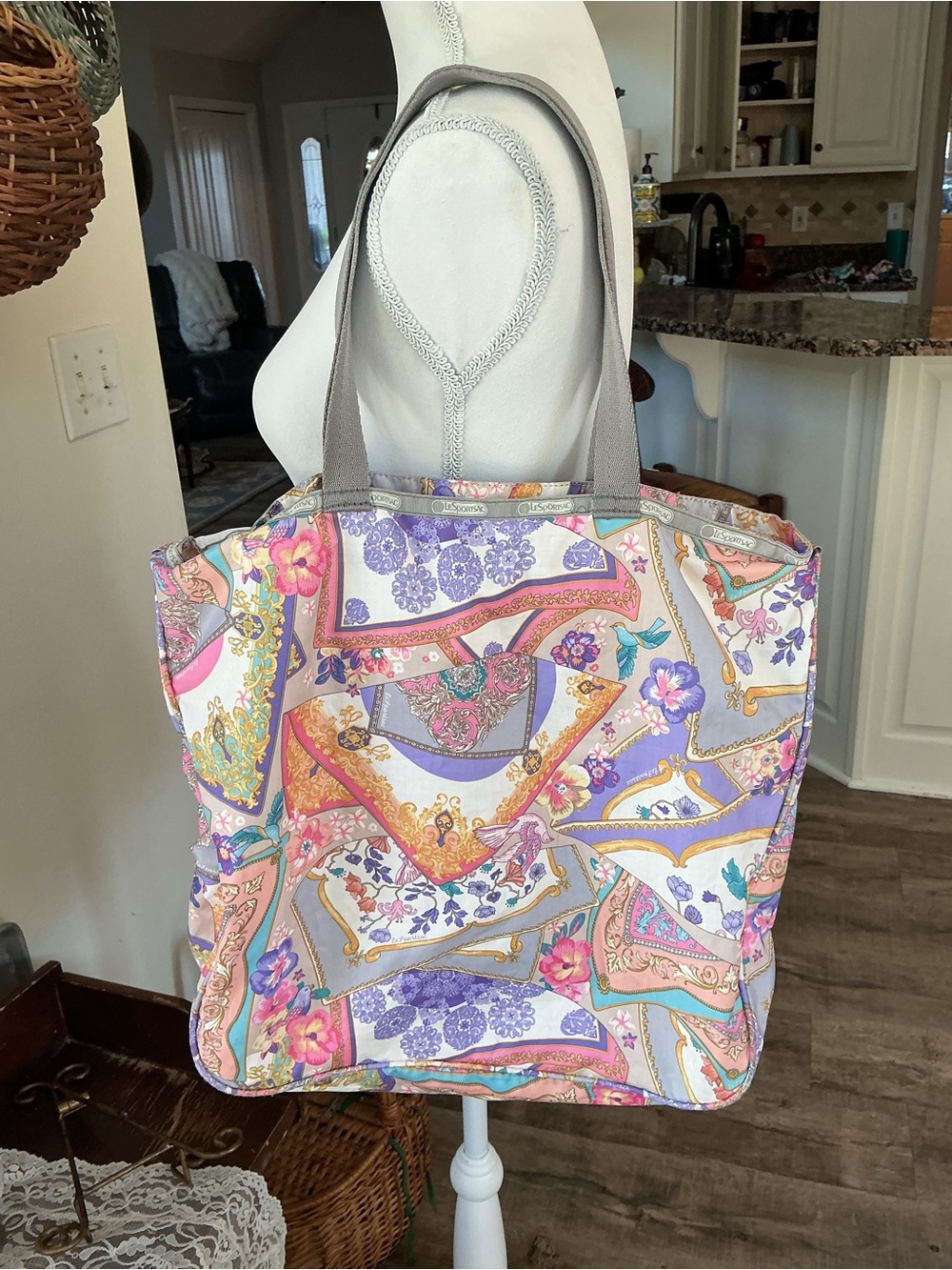 Lesportsac Multicolor Pastel Floral Scarf-Print Tote with Gray Handles